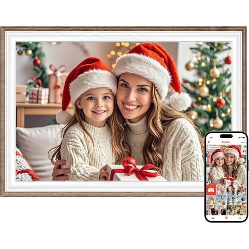 Frameo 10.1 Digital Picture Frame, Smart WiFi Digital Photo Frame with 1280x800 HD IPS Touch Screen 32GB Storage Auto-Rotate Wall Mounted, Share Photos/Videos Remotely(Brown&White)
