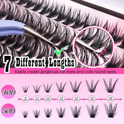 FANXITON DIY Lash Extension Kit Volume Lash Clusters 40D 50D D Curvature Individual Lashes Lash Clusters Kit Thick Eyelash Extension Kit 280 pcs Thin Band Cluster Lashes Lash Bond and Seal Tweezers