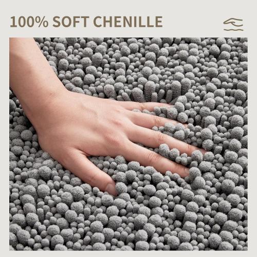 Bathroom Rugs Non Slip Washable, Extra Thick Soft Chenille Absorbent Bath Mat, High Density Barrier Non Slip Backing, Quick Dry Plush Shaggy Floor Carpet for Tub&Shower , Grey