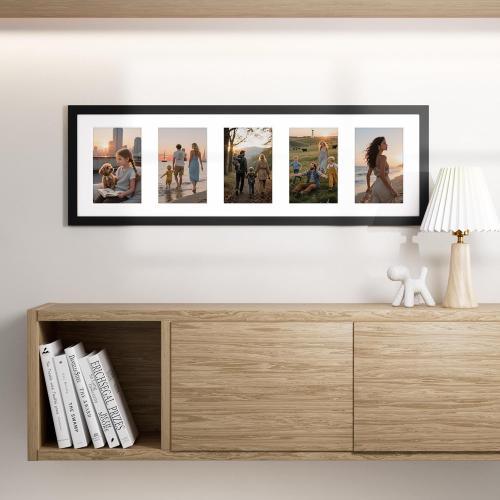 Vittanly 8x24 Collage Picture Frame, Displays 5Pcs 4x6 Pictures with Mat, Picture Frames Collage Wall Decor for Horizontal or Vertical Display, Black, 1 Pack