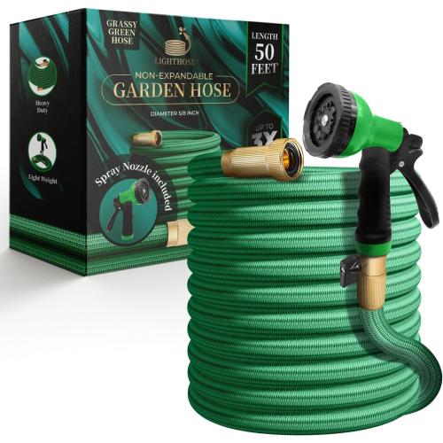 Garden Hose, NON-EXPANDABLE Garden Hose, Super Light Weight Hose, No Burst, 3/4 inch Solid Brass Connectors, 50 Ft, Grassy Green