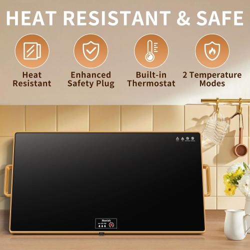 Electric Warming Tray（XXL 32”x18”），Food Warmer with Thermostat and Full Surface Heating，Food Warming Mat with 2 Temperature Modes for Parties Buffet，Gatherings，Gold Edge Handles Warming Mat for Food