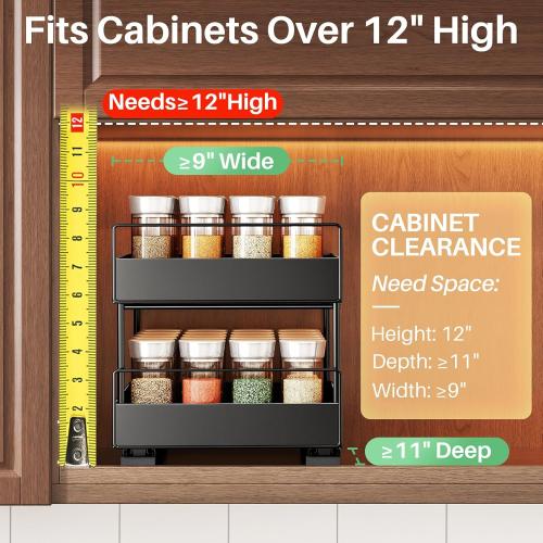Pull Out Spice Rack Organizer for Large Upper Cabinet, Easy to Install, Drill-Free, Cabinet Requires- Clearance Height > 12 inch, Width>9 inch, Depth> 11 inch - (1 Pack), Dimensions 8.2Wx10.2Dx6.9H