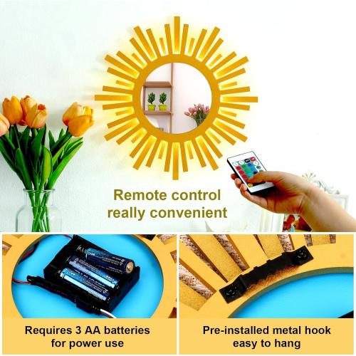 Gold Rising-Sun Mirror Wall Decor with Remote-Control Multicolor Lights,12 inch Boho Wall Decor for Bedroom Living Room Bathroom Kitchen (Gold 12in)