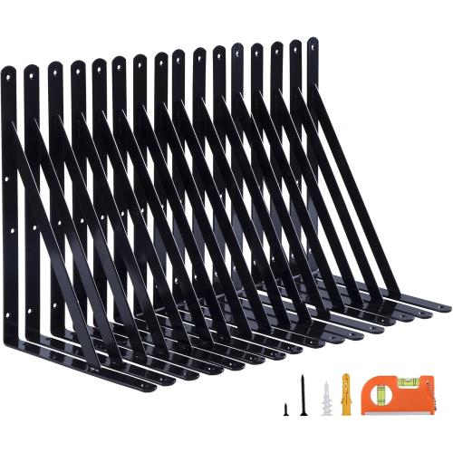 Black 16-Pack 14 Inch Heavy Duty Shelf Brackets, Large Wall Bracket for Garage Kitchen Floating Shelves, Black Powder-Coated Steel