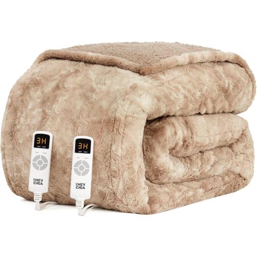 EHEYCIGA Electric Heated Blanket Queen Size Faux Fur, 10 Hours Auto Shut Off 9 Heating Levels Heating Blanket with Dual Control, Soft Warm Heated Blanket Fast Heating Camel, Faux Fur & Sherpa