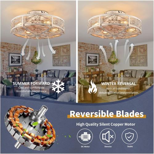 Size 20 Caged Ceiling Fan with Light,Vintage Rustic Farmhouse Kitchen Decor,Bladeless Ceiling Fans with Lights and Remote,Low Profile Fan for Bedroom,Reversible 6 Speeds Motor,4 E26 Bulbs Included