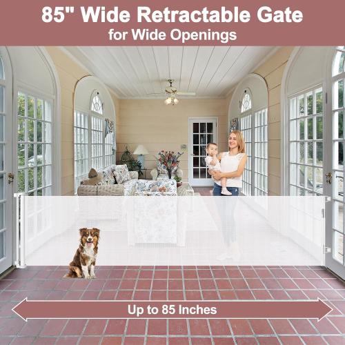 85 Inch Wide Baby Gate for Wide Openings Indoor Retractable Baby Gates Outdoor Retractable Dog Gate Mesh Gates for Kids or Pets Long Pet Gate for Doorways Long Dog Gate for Stairs, Porches, White