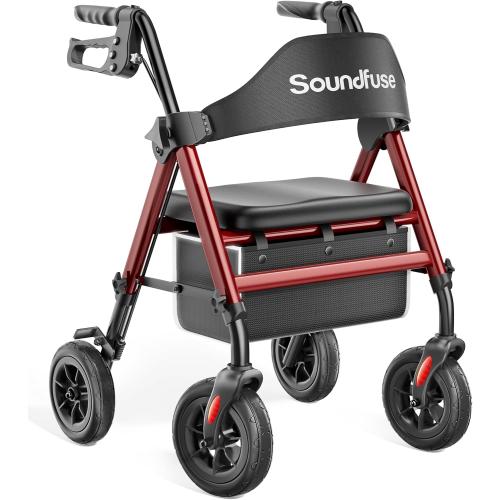SOUNDFUSE Rollator Walkers for Seniors with Seat, Foldable Lightweight Rolling Walker with 8 Big PU Wheels, Ergonomic Seat, Dual Height Adjustment