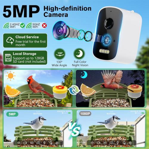 Smart Bird Feeder with Camera Solar Powered, AI Birds Species Identification, 2.5K HD Video Bird House with Camera for Outside, Weatherproof Design Ideal Gifts for Valentine's Day, Bird Lovers, Green