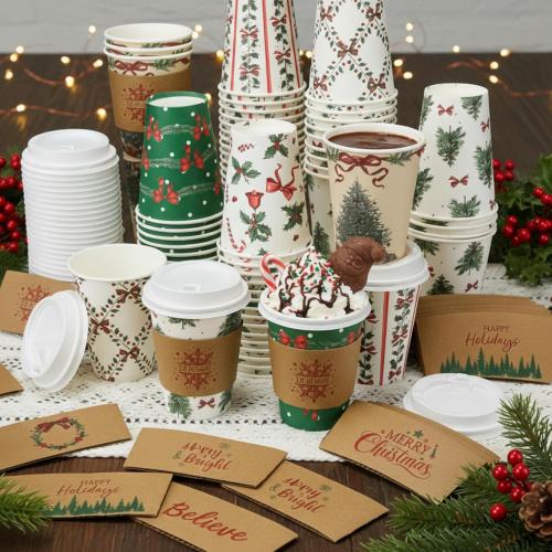 Gueevin 72 Set/ 216 Pcs Christmas Paper Cups Disposable 12 oz Christmas Coffee Cups with Lids and Sleeves Xmas Winter Party Supplies for Hot Chocolate Cocoa Cold Drinks Water Supplies (Bow Style)