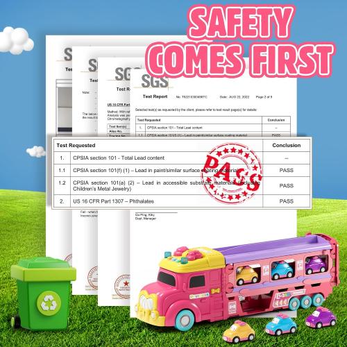 Carrier Truck Toys for Kids, Princess 3.8-FT Foldable Hauler Track Ejection Car and 6 Carton Car with Light&Sounds, Truck Toy Child Toys for 3 4 5 6  Year Old Girls-Pink