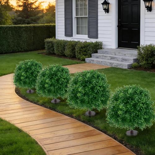 U'Artlines 23.6 Artificial Boxwood Topiary Ball Trees with Ground Spike, Faux Greenery Plants UV Resistant Fake Shrubs Bushes for Front Porch Garden Yard Outdoor Decor, Set of 2