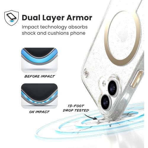Speck Presidio LUX for iPhone 17 Case, MagSafe-Compatible, Slim Protective Case, Glitter/Gold Metallic