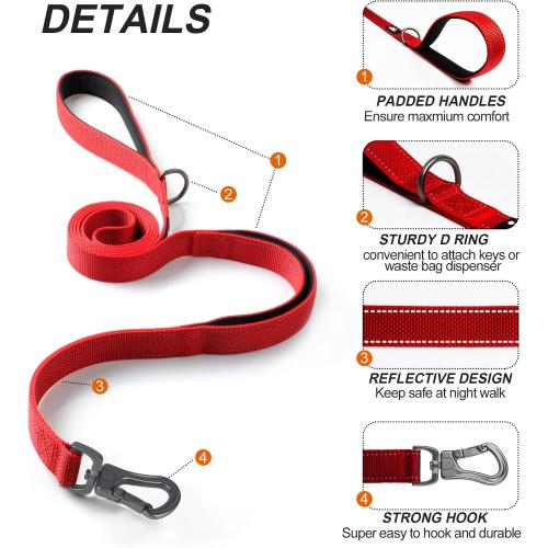 TwoEar 6FT 1IN Strong Red Dog Leash with 2 Padded Handles, Traffic Handle Extra Control, Comfortable Soft Dual Handle, Auto Lock Hook, Reflective Walking Lead for Small Medium and Large Dogs