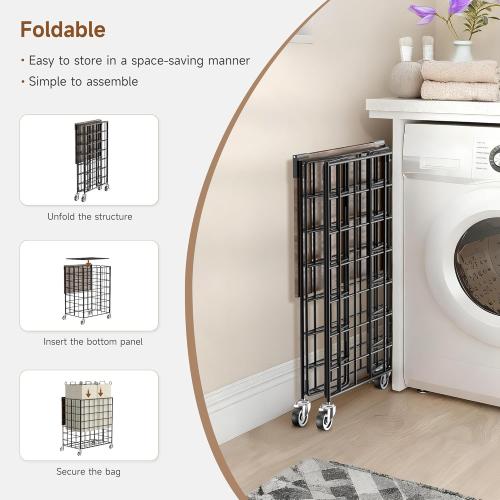 Laundry Basket with Wheels, Heavy Duty Laundry Sorter 2 Sections, 120L (32Gal.) Large Capacity Laundry Hamper with Wood Lid, 360 Rolling Wheels, Extra Side Pocket, Leather Pull Handle, Beige