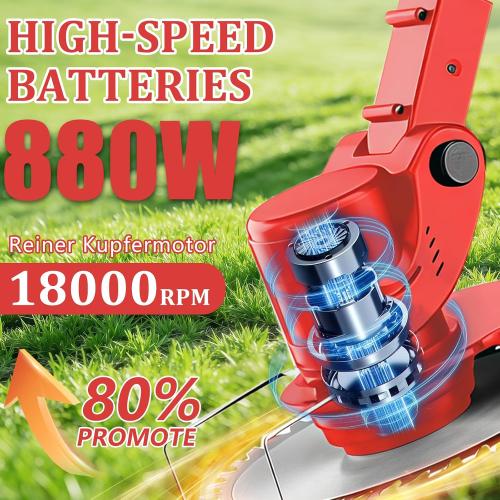 21V Electric Weed Wacker Cordless Weed Wacker Eater Lightweight Grass Trimmer with 4 Types Blade & Fast Charger & 2x2000mAh Batteries Brush Cutter for Garden Lawn Yard Red