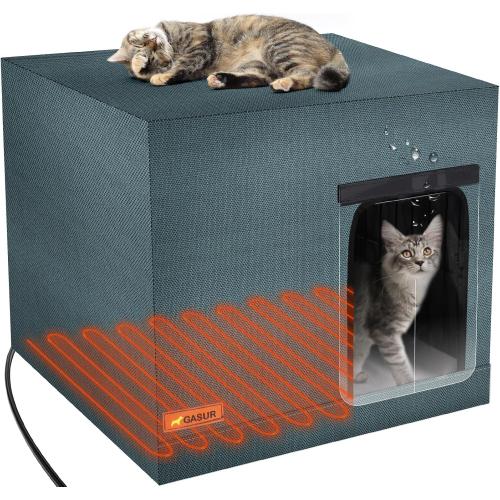 GASUR Large Heated Cat House for Outside Winter, 100% Waterproof Outdoor Cat House w/Cat Heating Pad, Insulated Cats Houses Outdoor w/Highly Elevated Base, Warm Cat Shelter for Outside Stray Barn