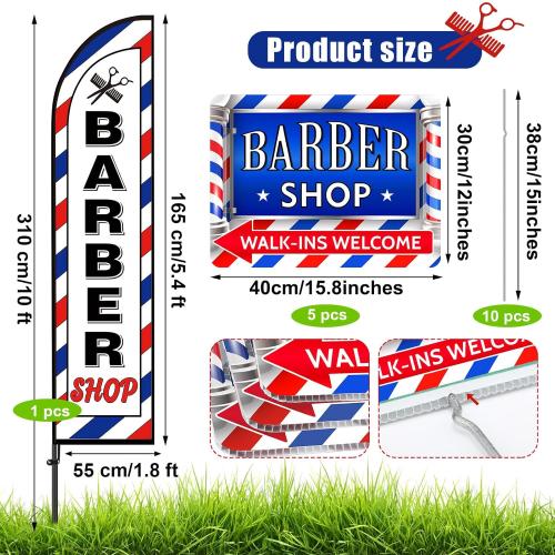 5 Pcs Barber Shop Sign 1 Pcs 7 ft Barber Flag with Pole Kit Double Sided Print Yard Sign with Metal Stakes Feather Windless Barbershop Flags for Outdoor Business Advertising