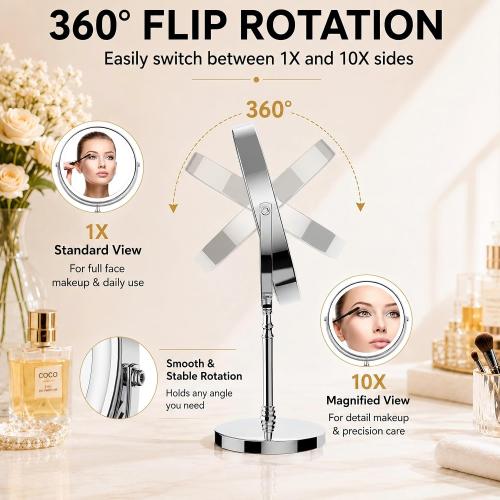 DEIOVWXS Makeup Mirror, Rechargeable Vanity Mirror with 3 Lights, 1X/10X