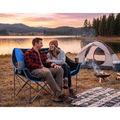 FAIR WIND Oversized Fully Padded Camping Chair Folding Loveseat Camping Couch Double Duo Chair Heavy Duty Quad Fold Arm Chair with Cup Hold - Supports 650 LBS Blue