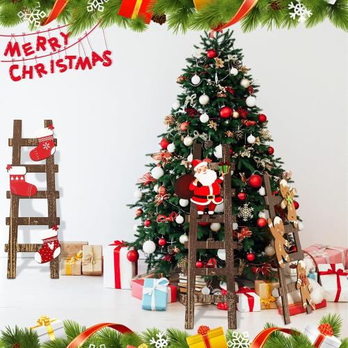 Novabright 3 Pcs Climbing Santa Ladder Wooden Ladder Decor Indoor Christmas Wall Decor for Christmas Interior Party Decoration, Home Decoration 31 in, 27 in, 22.5 in
