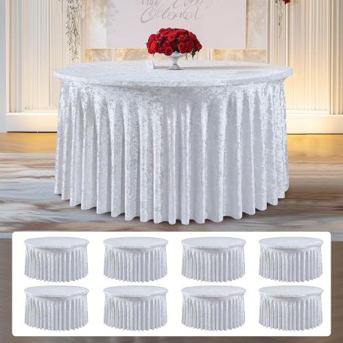 NSSONBEN 8 Pack White Velvet Round Tablecloth 60 inch, Thick Shiny Velour Stretch Fitted 5ft Round Tablecloths 120 inch, Wrinkle Free Spandex Table Covers with Skirt for Wedding Party Dining Banquet