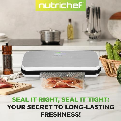 NutriChef Food Vacuum Sealer Machine - Automatic Air Sealing System for Dry & Moist Foods, LED Touch Controls, Includes Vacuum Bags, Hose & Wine Stopper, High Suction Power, 14x6x3, Silver