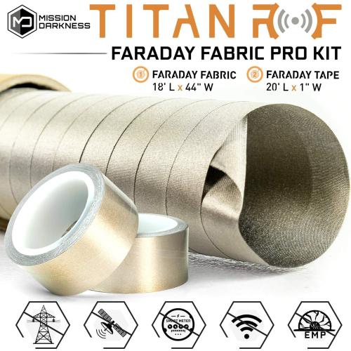 Mission Darkness TitanRF Faraday Fabric Pro Construction Kit 6 Yards // 44 W x 18'L Fabric   20'L Tape Military Grade Conductive Material Blocks RF Signals, WiFi, Cell, Bluetooth, RFID, EMF