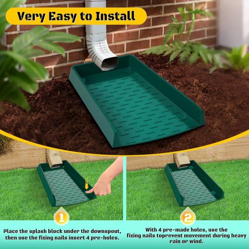 2 Pack Green Rain Gutter Downspout Splash Block, Extra-Wide Down Spout Extender, One-Piece Molding Design, Drain Gutter Guard Diverter, Thickened Gutter Splash Guard with Fixing Piles, Green