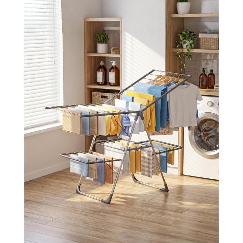 Sakugi Clothes Drying Rack, Foldable 2-Level Laundry Drying Rack with Height-Adjustable Wings, for Clothing & Bedding, Free-Standing Space-Saving Rack, Indoor & Outdoor, 55.5 L × 22.8 W, Gray
