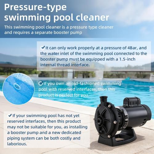 MAKHOON Upgrade Pool Pressure Side Sweeper: Professional Solution for Cleaning Your Swimming Pool (Four Wheels are Better Than Three) Need 1.5 Female Thread Pool Booster Pump Inlet, 4 Bar Pressure