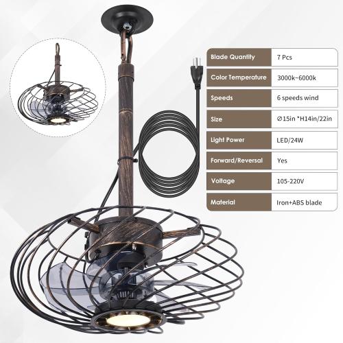 Black Gold 15 Outdoor Ceiling Fan with Light, Waterproof Gazebo Fan Remote Control, Dimmable LED Light, Hanging Black Caged Ceiling Fixtures with Plug in Cord for Patios Pergola, Black Gold