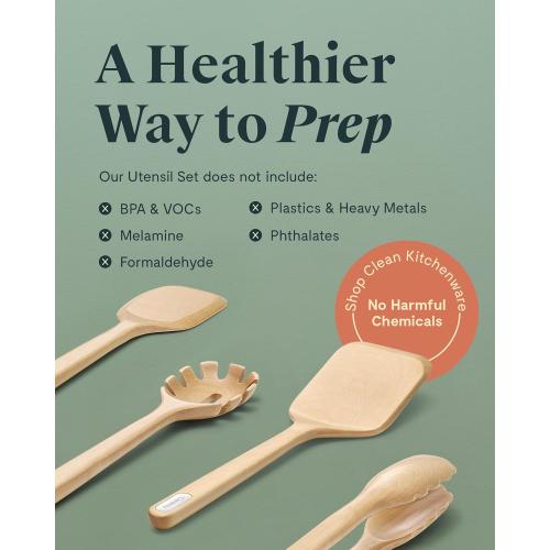 Caraway Wooden Utensil Set - 5 Piece Cooking Utensil Set - Spoon, Server, Scraper, Spatula, & Tongs - Made From FSC-Certified Birch Wood - No Microplastics