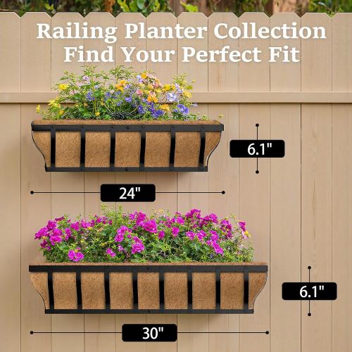 VOXOR Railing Planter Boxes, Heavy Duty Window Box Planters, Adjustable Balcony Planters for Railing Hanging, with Coco Liner for Deck, Porch, and Patio Gardening (2 Pack, 24 Inch)