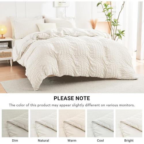 HYMOKEGE Ivory King Size Comforter Set Seersucker 7 Pieces, All Season Luxury Bed in a Bag for Bedroom, Bedding Set with Comforters, Sheets, Pillowcases & Shams