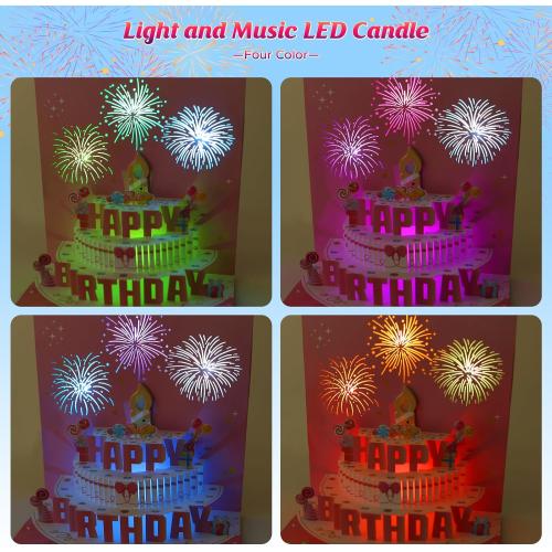 Musical, Firework, 3D Popup Birthday Cards with Light and Music, Blowable, Plays Hit Song 'Happy Birthday', for Women, Men and Kids