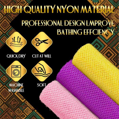 UJFQBH 3 Pack African Net Sponge, African Exfoliating Net Bath Sponge Long Net Bath Sponge Exfoliating Shower Body Scrubber Back Scrubber Skin Smoother,Great for Daily Use (Pink,Yellow,Purple)