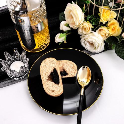 Nervure 100 Pieces Black Plastic Plates - 7.5inch Black Dessert Plates - Disposable Gold Plastic Plate - Disposable Plate Ideal for Wedding & Father's Day & New Year