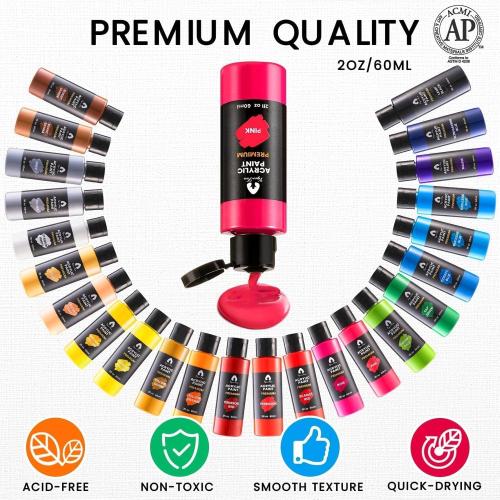 40 Pcs Acrylic Paint Set - 24 Colors (2oz/60ml) with 12 Brushes, 2 Knives & Palette - Rich Pigments for Adult, Artists & Beginners - Painting on Halloween Pumpkin Canvas Ceramic Rock Wood
