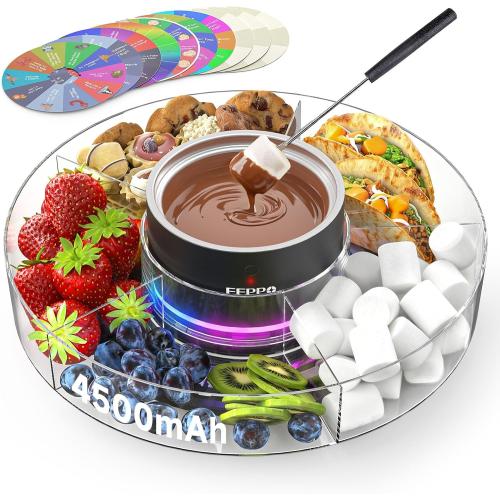 FEPPO Cordless Electric Fondue Pot Set with Mood Light, 2*4500mAh Rechargeable Battery Powered - 7 Roulette Cards & Detachable Serving Tray, 13.5 oz Chocolate Melting Machine, Ideal Gift for Parties