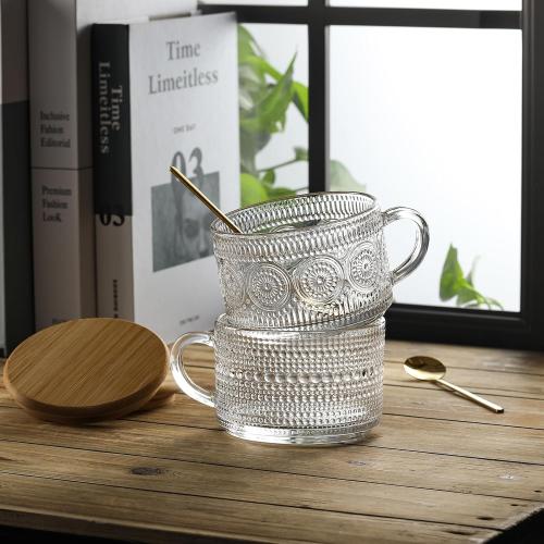 4pcs Set Vintage Coffee Mugs gifts for women, Overnight Oats Containers with Bamboo Lids ( No Spoons ) - 14oz Clear Embossed Glass Cups, Cute Coffee Bar Accessories, Iced Coffee Glasses
