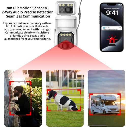 No WiFi Security Camera, 4G LTE Cellular Security Camera, 2K Solar Cellular Cam HD Dual Lens 360° Pan Tilt, Color Night Vision, PIR Motion Detection, IP66 Waterproof with Pre-Installed SIM(White)