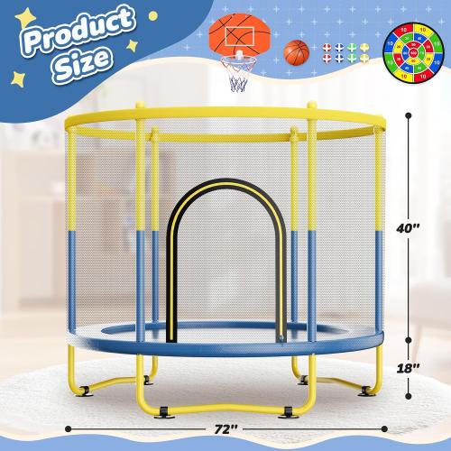 6FT Indoor Trampoline for Kids Ages 1-8, 72 Mini Toddler Indoor & Outdoor Trampoline with Safety Enclosure Net, Basketball Hoop & Dart Board, Birthday Gifts for Boys & Girls, Baby Toddler