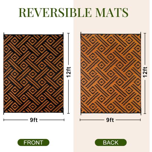 Black and Orange OPPODREAM Outdoor Rug Patio Waterproof, Large Outdoor Plastic Straw Rug, Reversible Out Door Carpet for Camping, Deck, Rv, Area Carpet for Balcony, Porch, Backyard