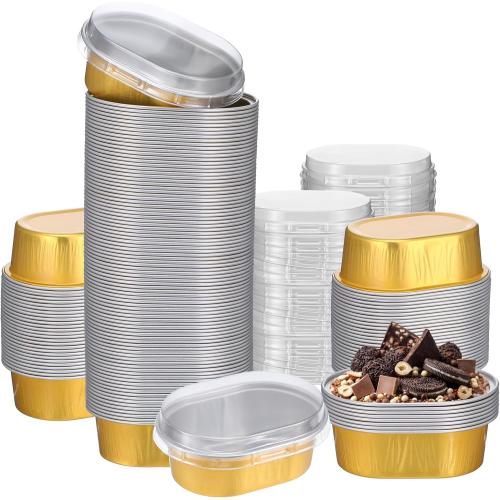 100 Pack Mini Aluminum Baking Cups with Lids, 3 OZ Disposable Ramekins Muffin Liners Containers, Individual Pie Tin Cup for Dessert, Creme Brulee, Pudding, Cupcake