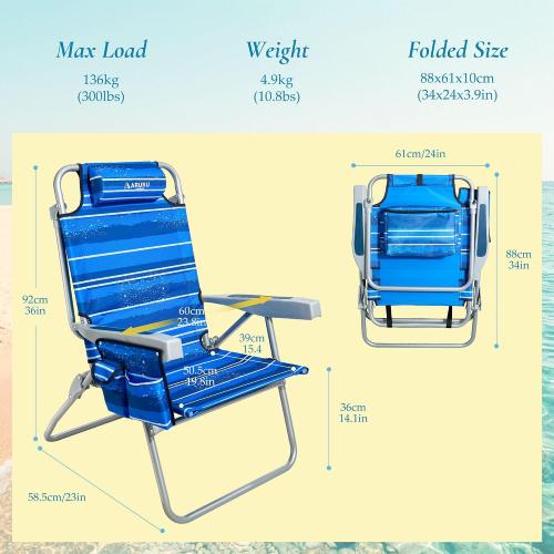 Tall Beach Chairs for Adults, Portable Folding High Seat Backpack Beach Chair Heavy Duty 5-Position Lay Flat with Cooler Bag, Cup Holder for Outdoor/Lawn/Trip/Picnic/Fishing/Camping