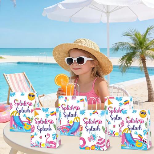 24Pcs Splish Splash Party Paper Bags Splish Splash Birthday Decorations Water Slide Kraft Gift Bags with Handles Pool Birthday Paper Candy Treat Bag for Kids Swimming Bash Hawaiian Luau Party Supplies