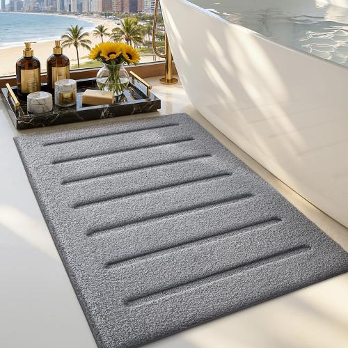 LUMI Microfiber Bath Mat, Soft Absorbent with Non Slip, Grey, 24x36 | High Absorbent Fluffy Microfiber, Machine Washable, Modern Striped Design for Bathroom, Sink Floor, Shower Tub