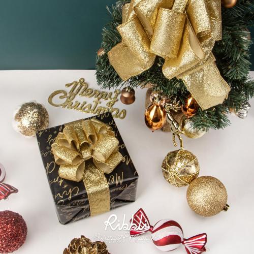 Ribbli Gold Glitter Wired Ribbon with Gold Metallic Edge,Christmas Ribbon for Wreath, Tree Decoration, Home Decor, 2-1/2 Inch x 10 Yards